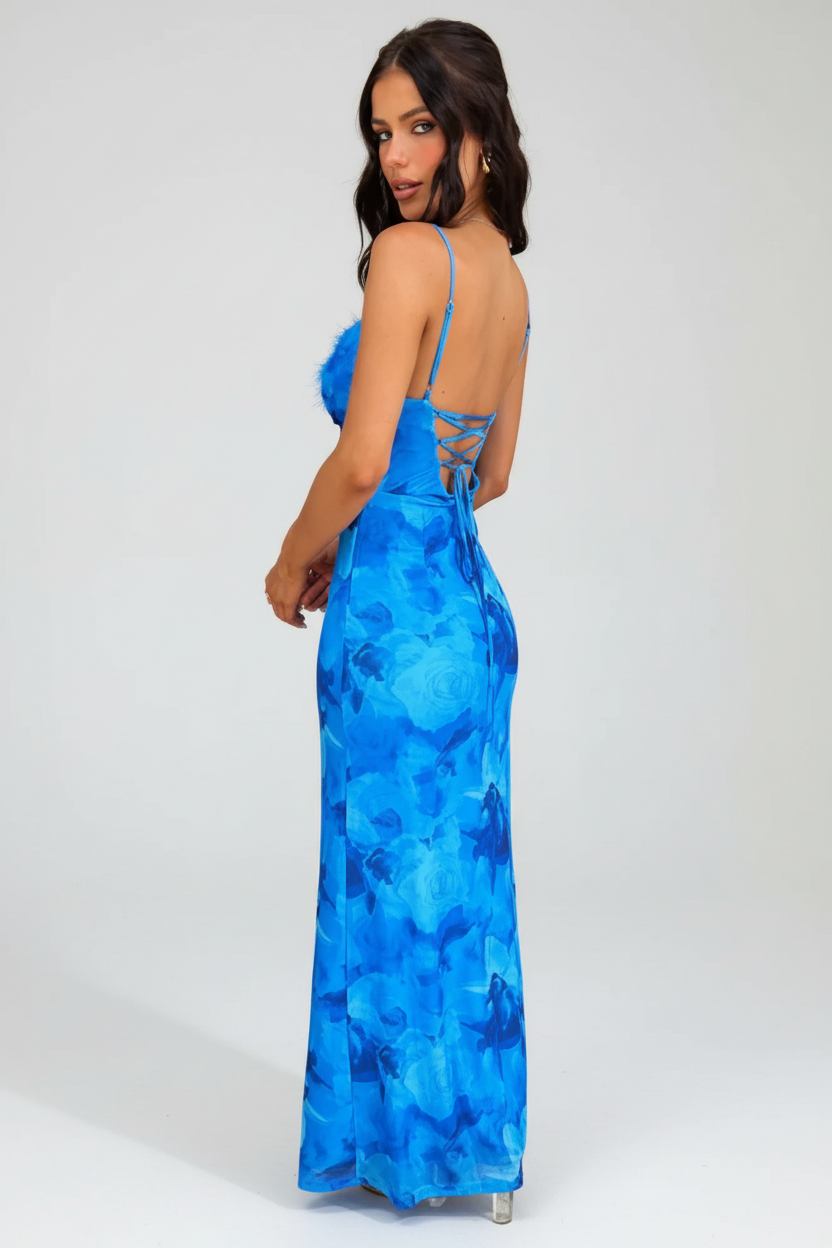 Model wearing the sapphire bloom elegance dress from Isadora London