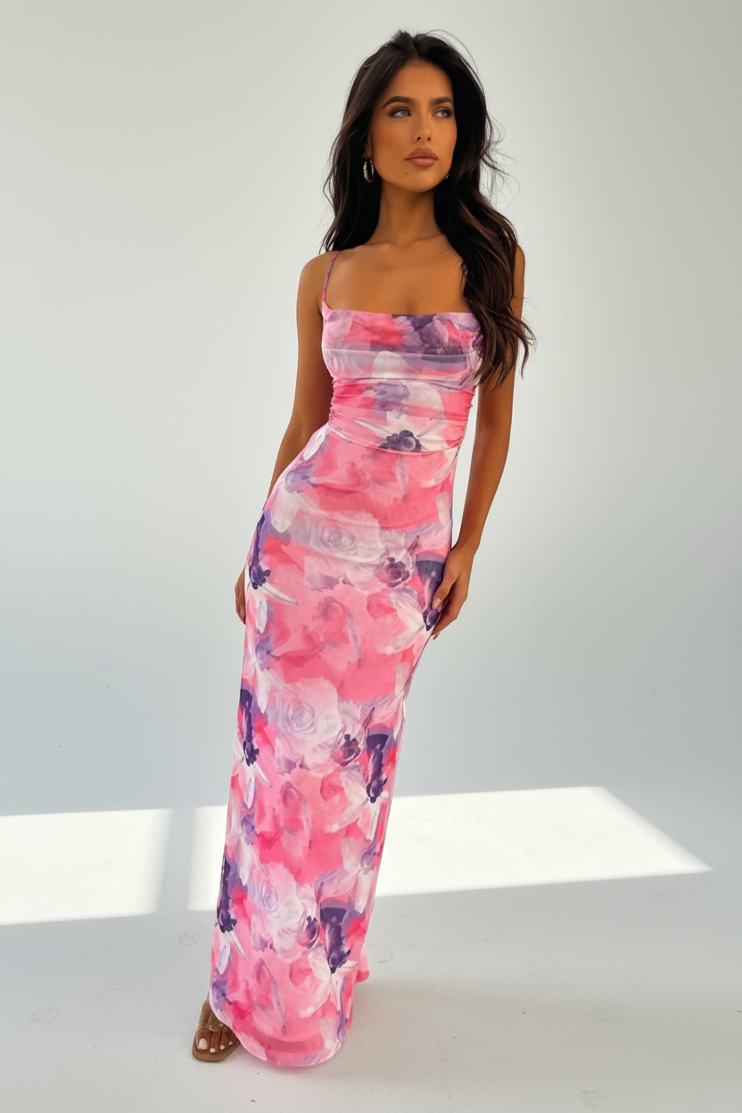 Model wearing the sapphire bloom elegance dress from Isadora London