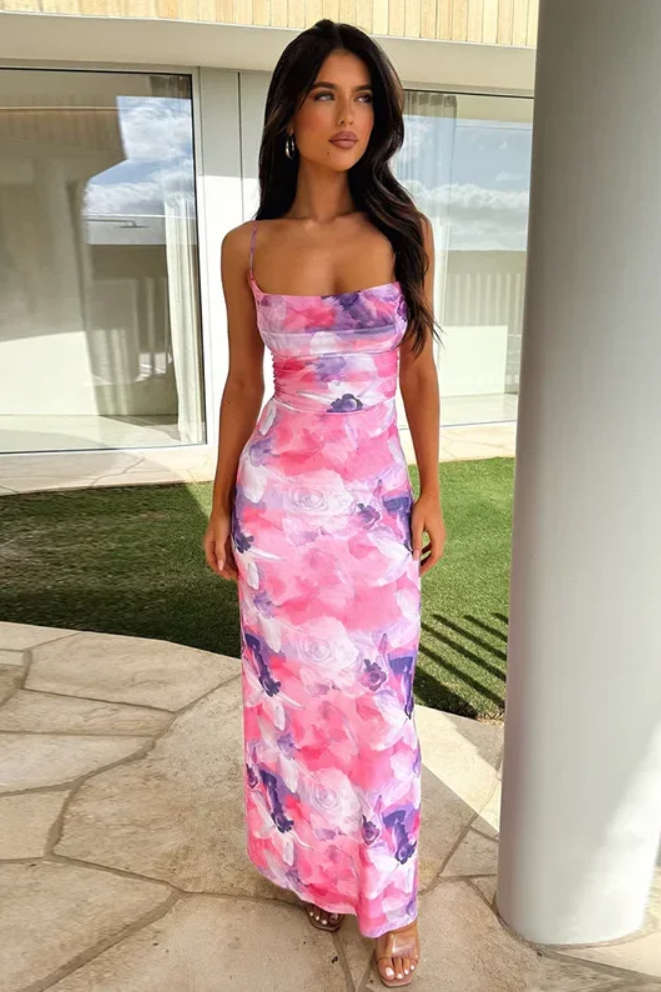 Model wearing the sapphire bloom elegance dress from Isadora London