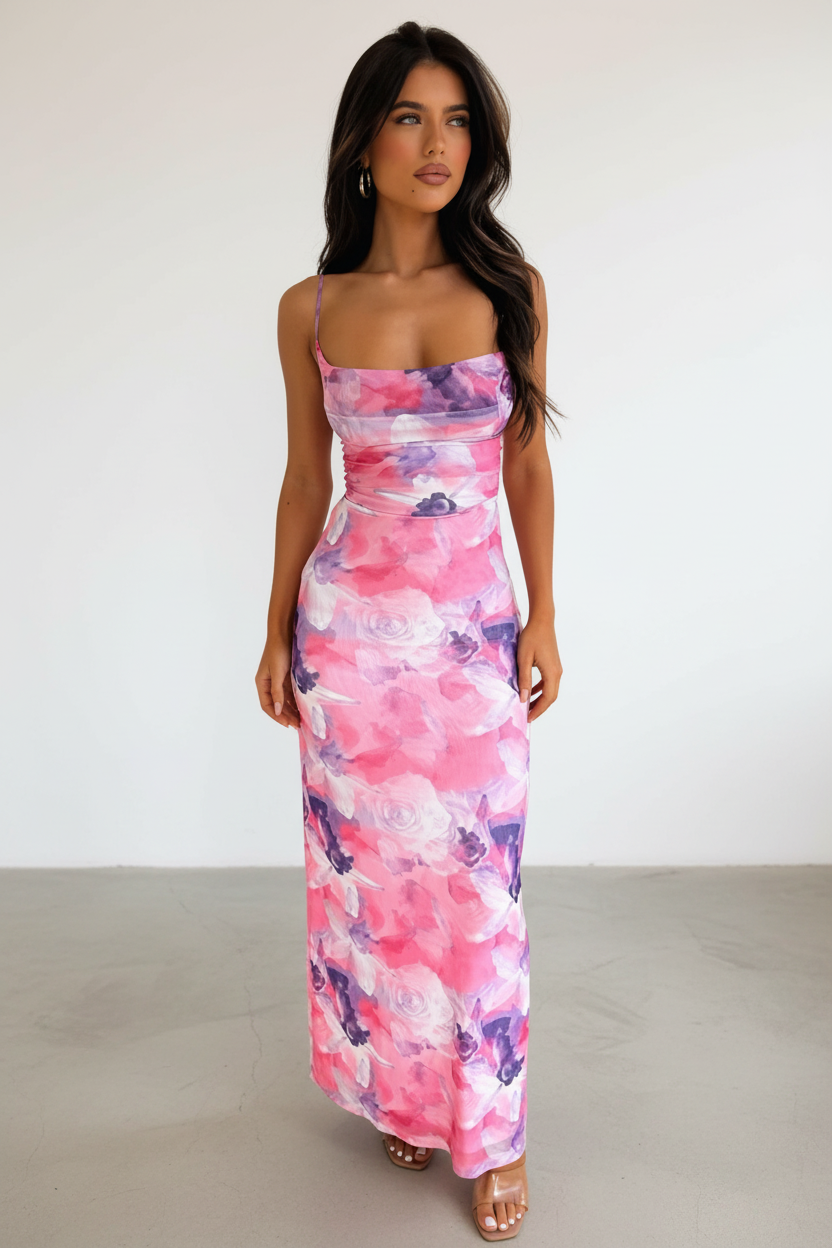 Model wearing the sapphire bloom elegance dress from Isadora London