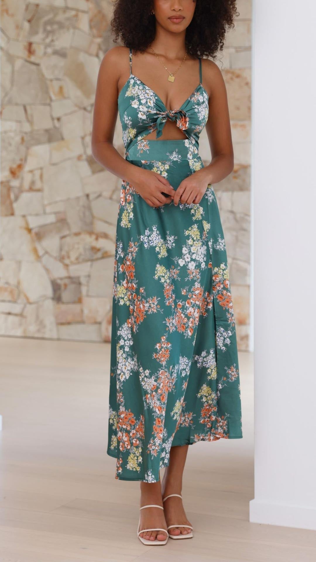 Isadora™ | Satin Floral Split Midi Dress