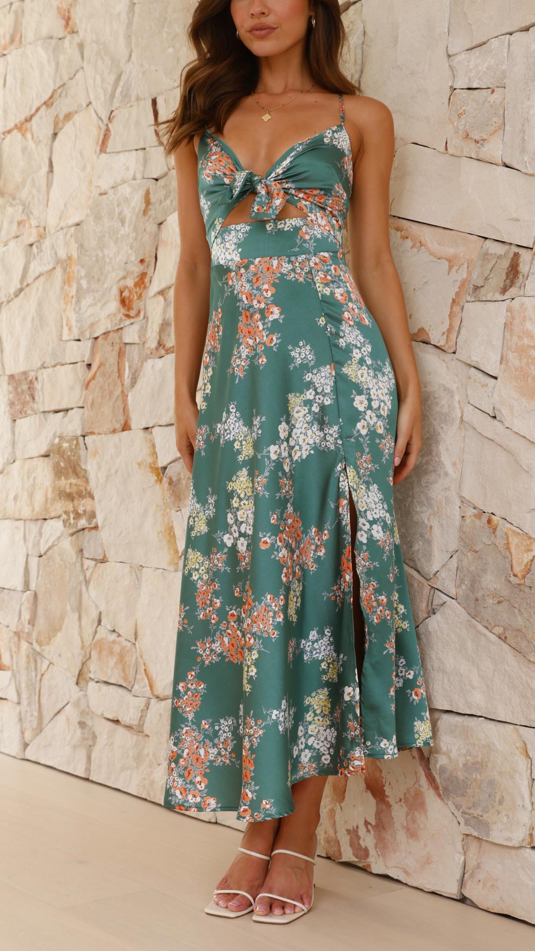 Isadora™ | Satin Floral Split Midi Dress