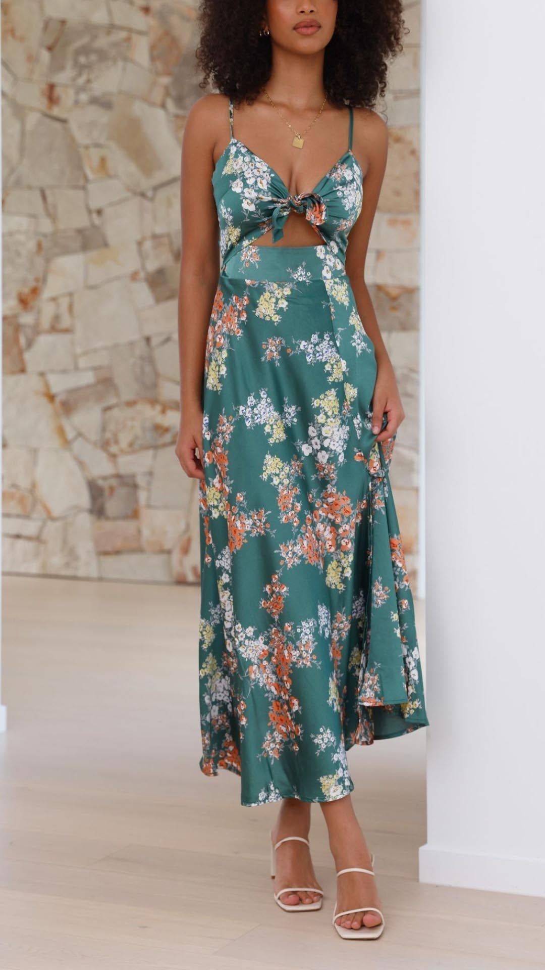 Isadora™ | Satin Floral Split Midi Dress