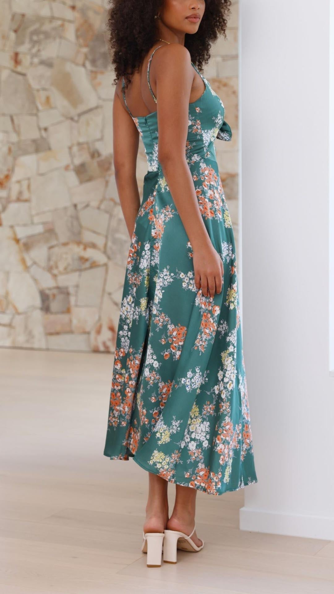 Isadora™ | Satin Floral Split Midi Dress