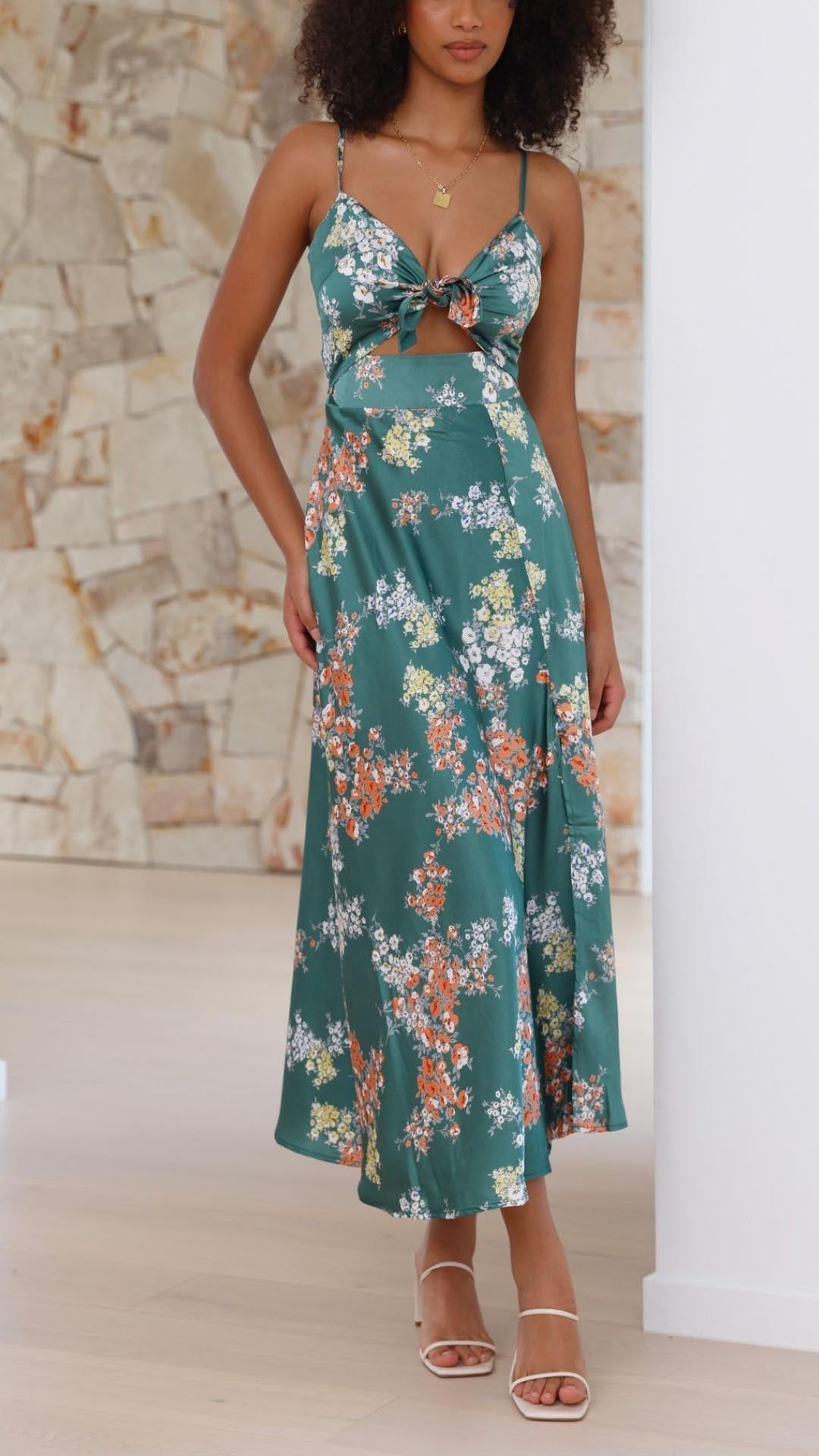 Isadora™ | Satin Floral Split Midi Dress