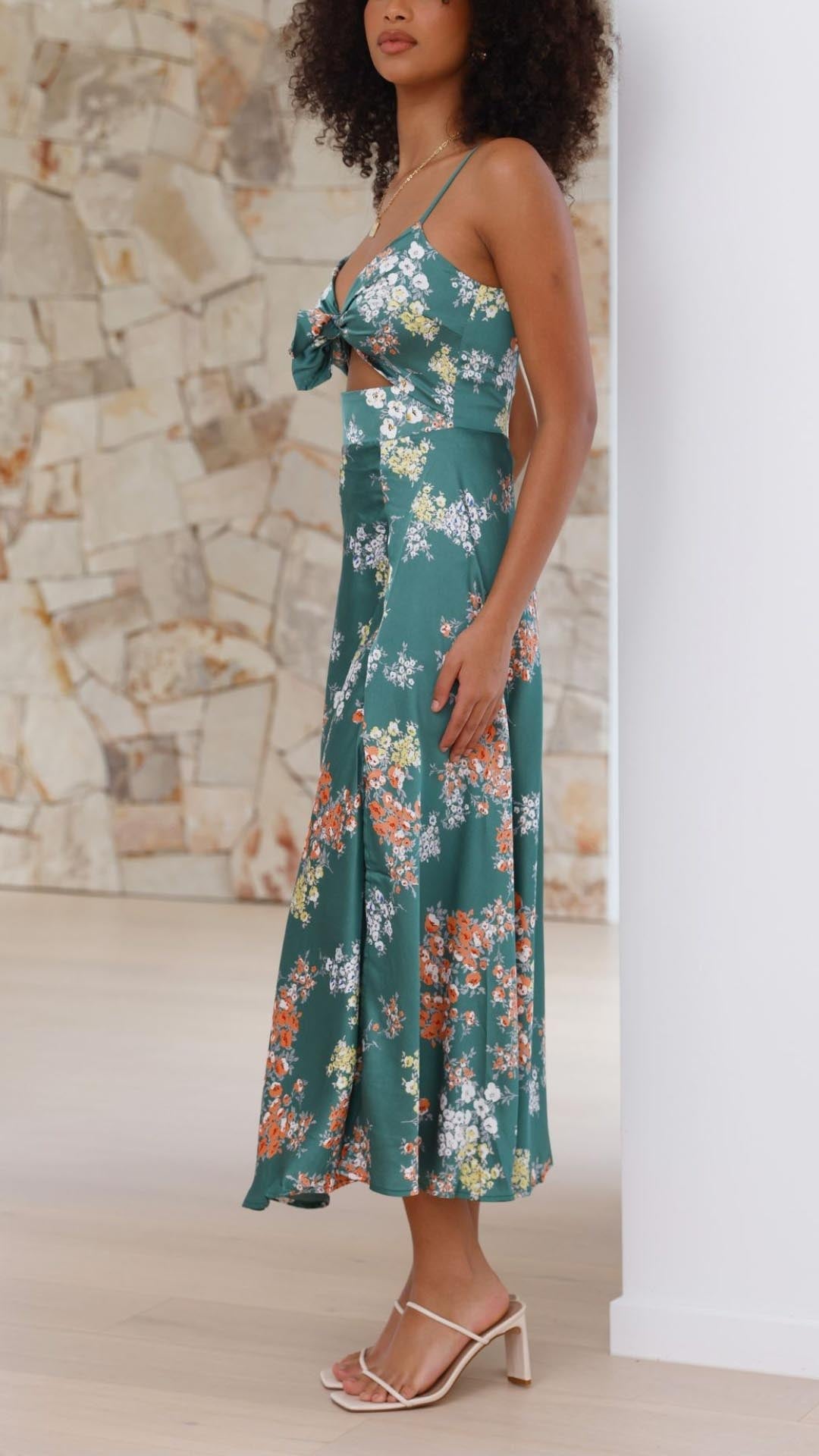 Isadora™ | Satin Floral Split Midi Dress