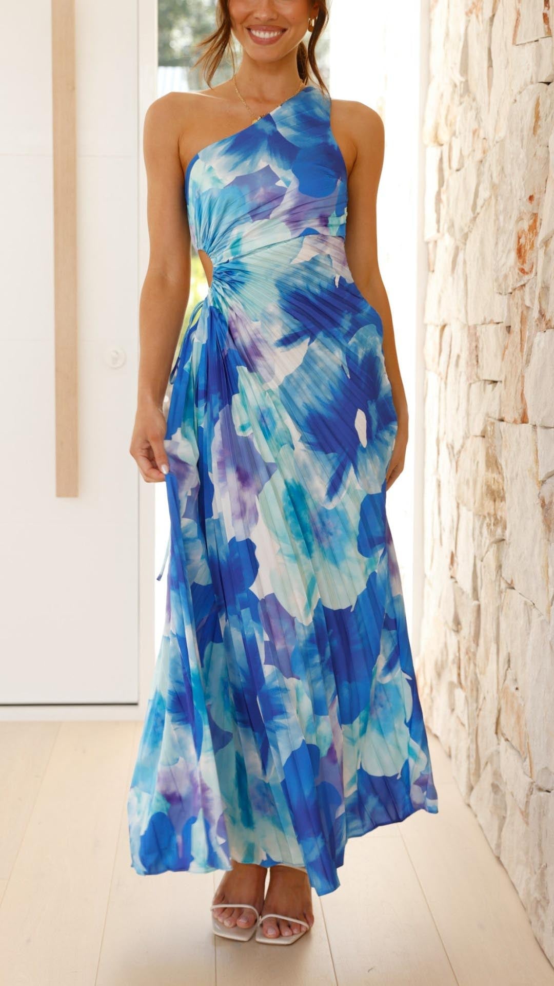 Isadora™ | Floral Pleated One Shoulder Maxi Dress
