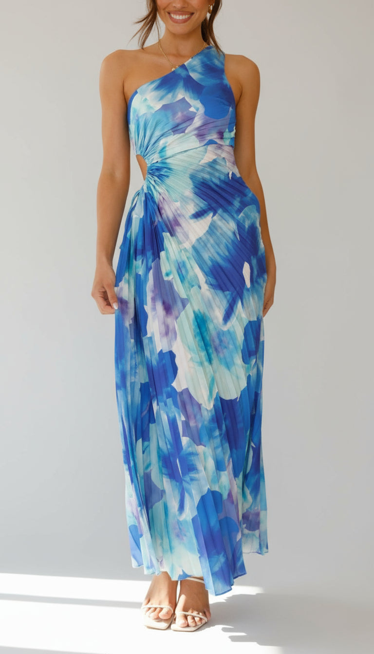 Isadora™ | Robe longue plissée à une épaule et à fleurs