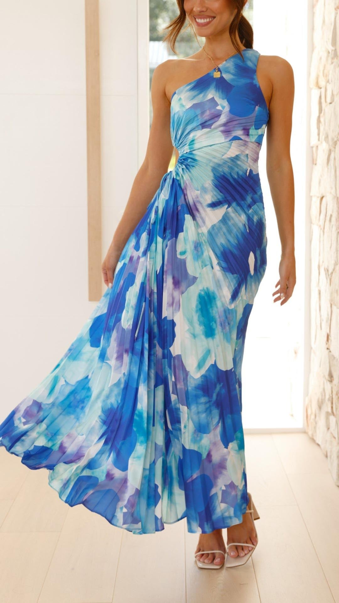 Isadora™ | Floral Pleated One Shoulder Maxi Dress