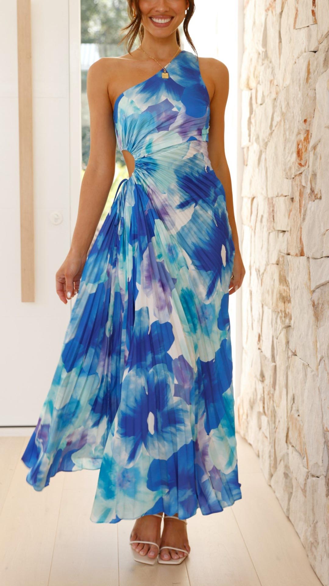 Isadora™ | Floral Pleated One Shoulder Maxi Dress