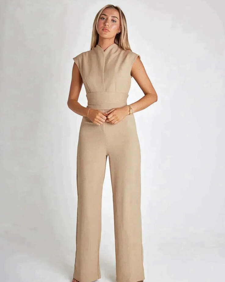 Beige tailored draped jumpsuit with elegant sleeveless design | Isadora London