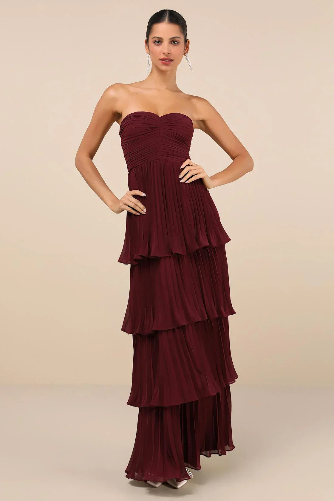 Front view burgundy strapless tiered maxi dress for black tie wedding guest – Isadora London