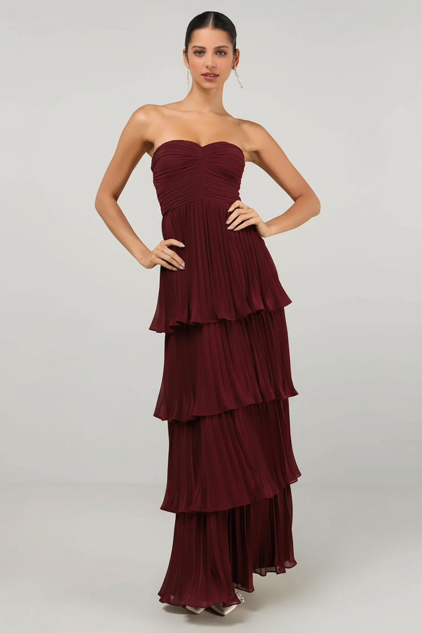 Front view burgundy strapless tiered maxi dress for black tie wedding guest – Isadora London