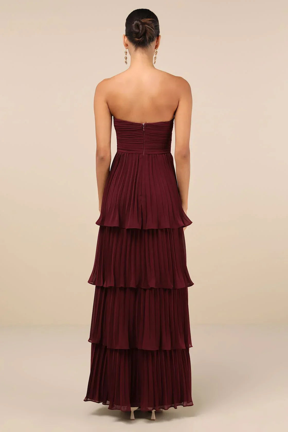 Back view burgundy strapless tiered maxi dress for formal evening event – Isadora London