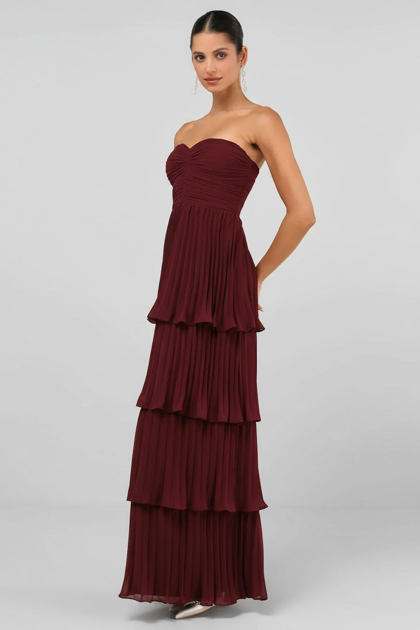 Side view burgundy strapless tiered maxi gown for elegant wedding guest look – Isadora London