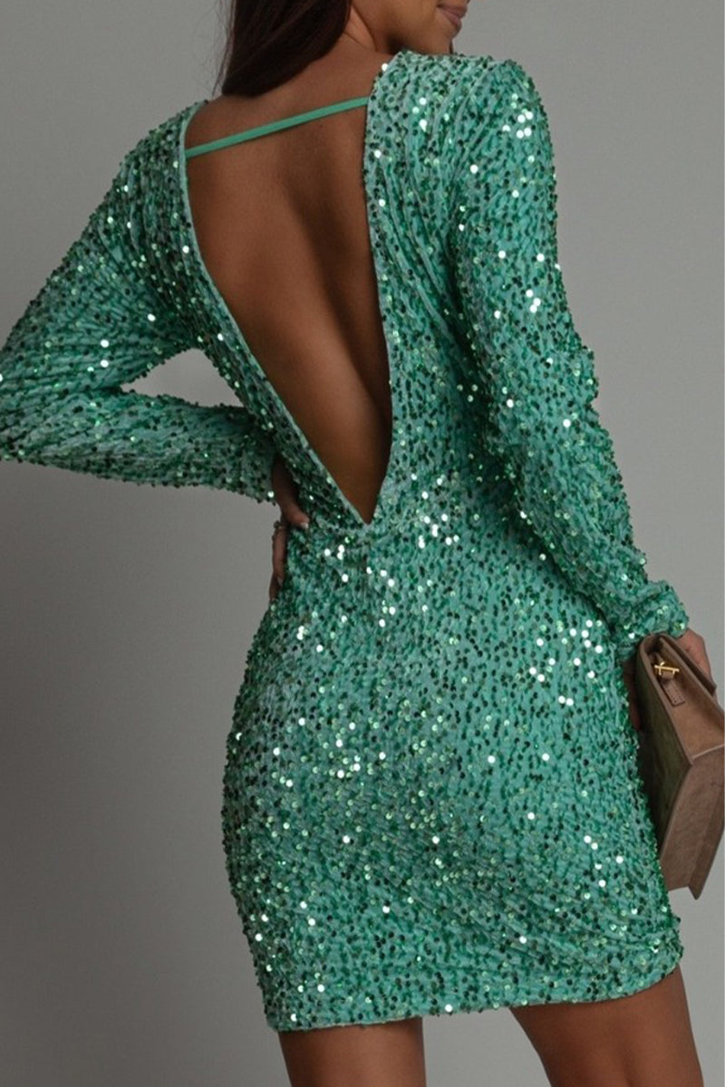 Backless Celeste Sequin Mini Dress in green – open-back glitter mini dress perfect for evening events.