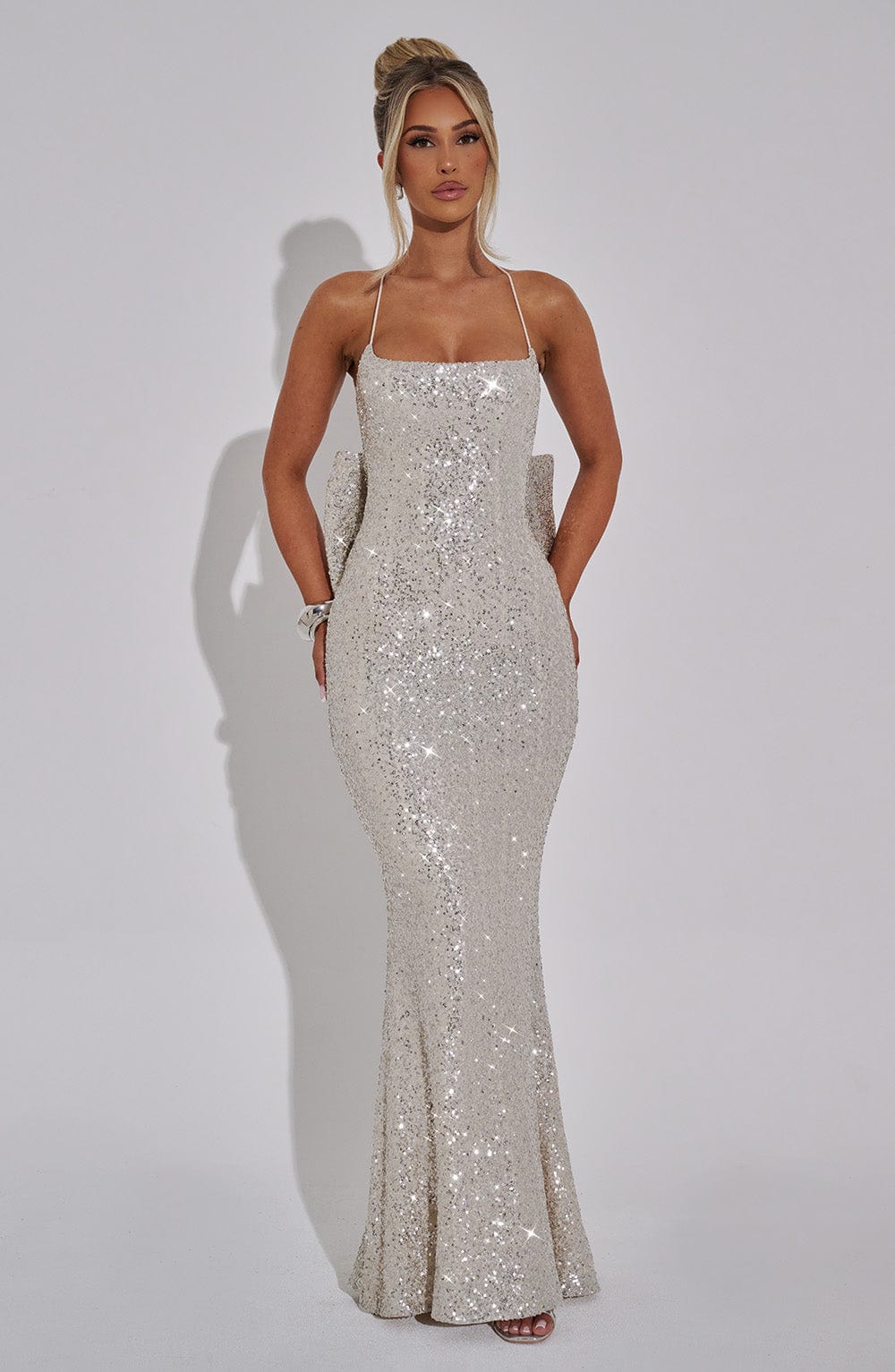 Front view of the Champagne Glow Maxi Dress – elegant champagne sequin party dress for Christmas and New Year’s Eve by Isadora London.