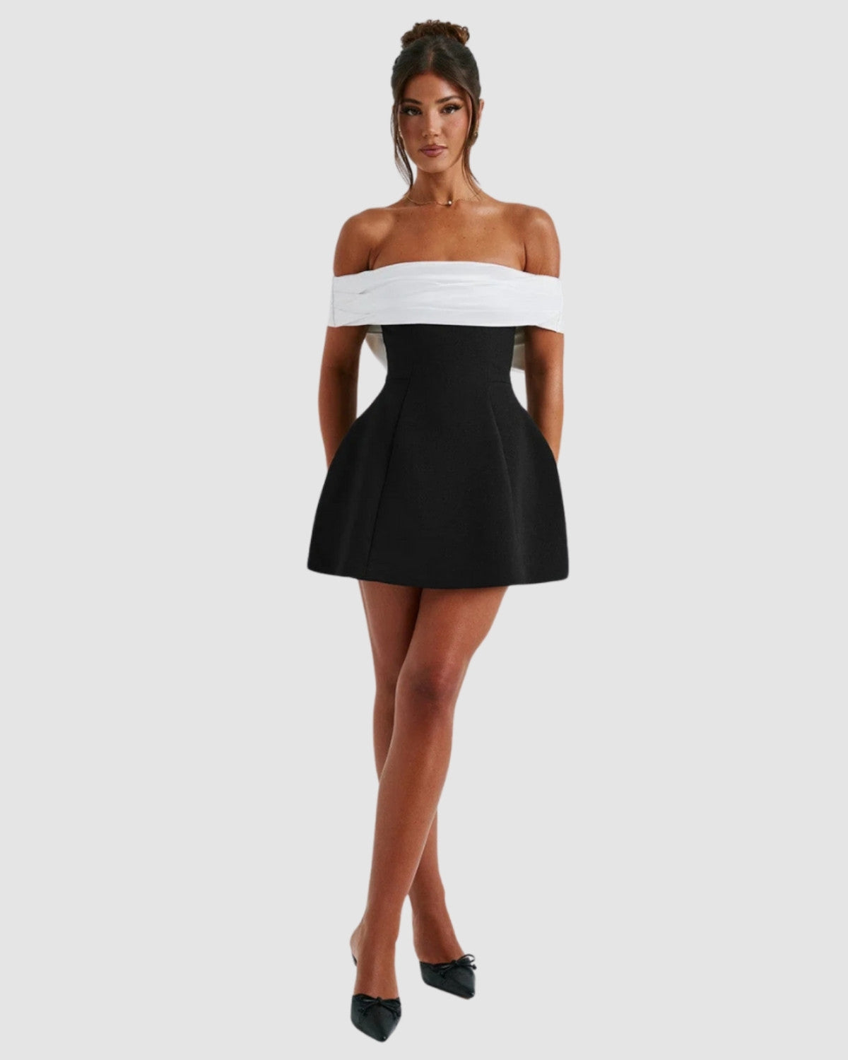 Elegant Bow-Back Mini Dress – black & white mini dress with Bardot neckline, full front look.