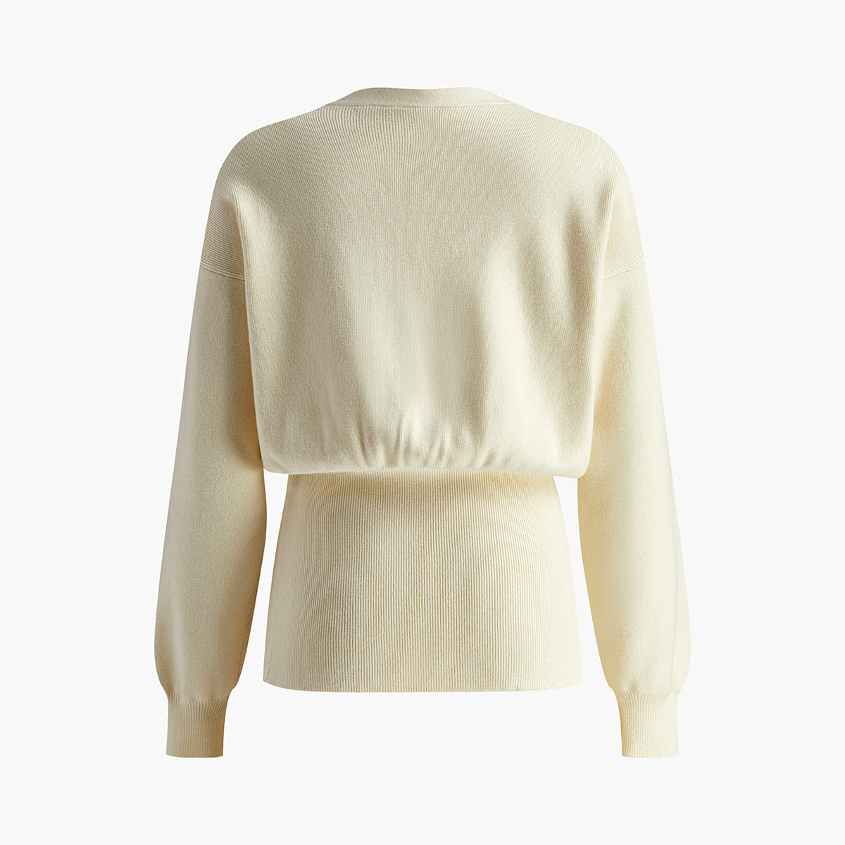 Elegant Beige Sweater Cardigan by Isadora London – soft knit with gold button and timeless fit - back side.