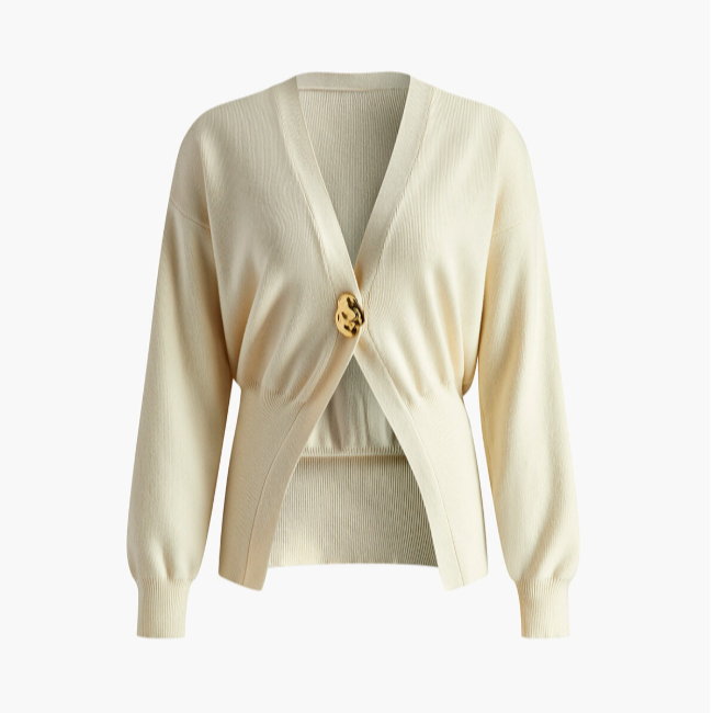 Elegant Beige Sweater Cardigan by Isadora London – soft knit with gold button and timeless fit.