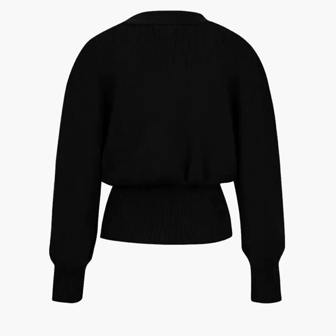 Elegant Black Sweater Cardigan by Isadora London – luxe knit with gold detail and flattering fit - back side