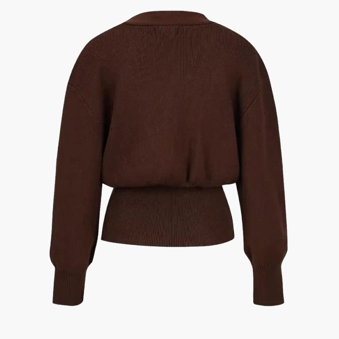 Elegant Brown Sweater Cardigan by Isadora London – cosy knitwear with luxe details and modern style - back side.