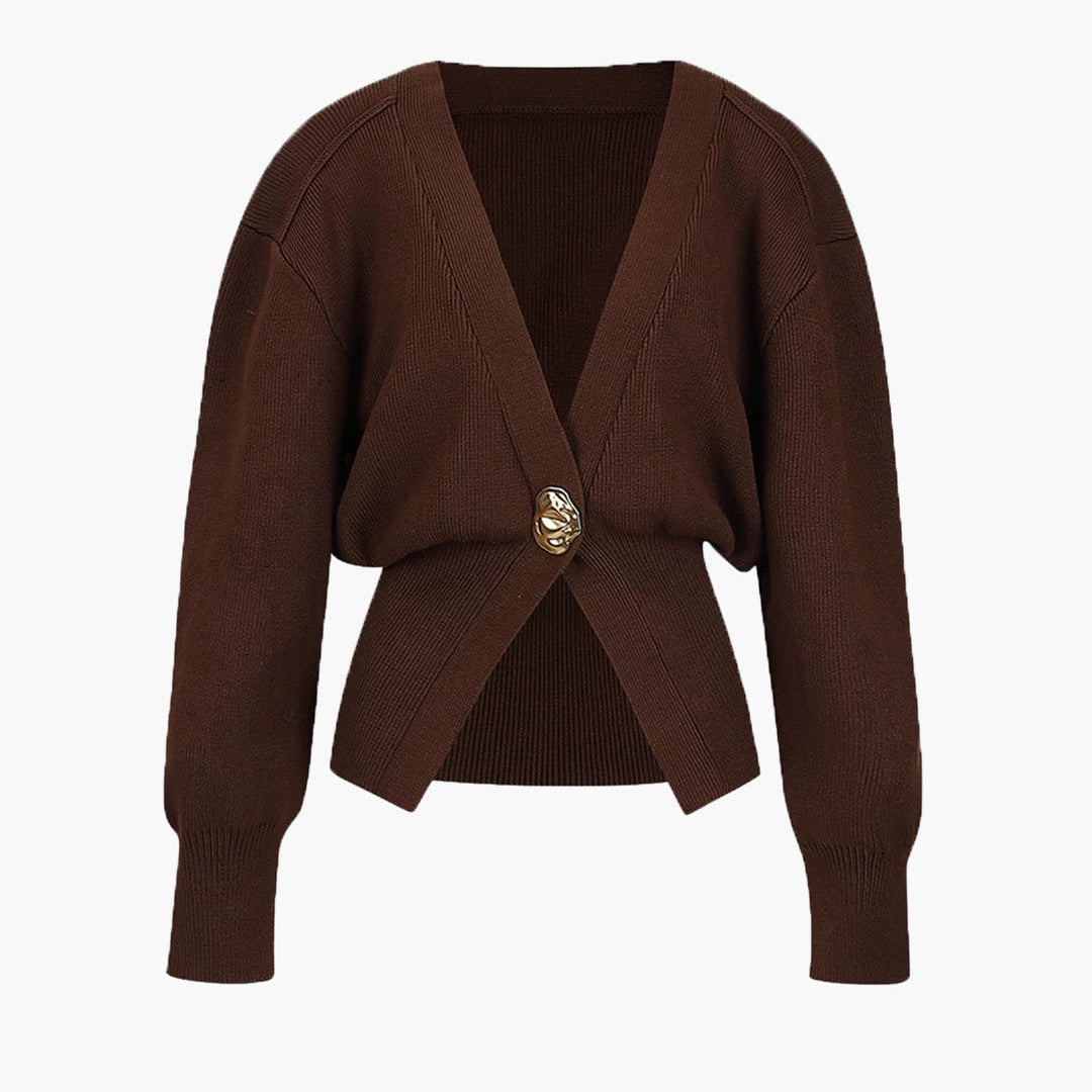 Elegant Brown Sweater Cardigan by Isadora London – cosy knitwear with luxe details and modern style.