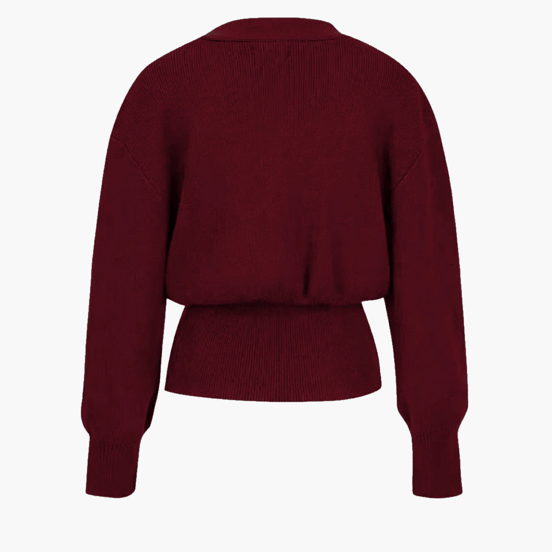Elegant Burgundy Sweater Cardigan by Isadora London – rich knit, chic gold button and stylish fit - back side.