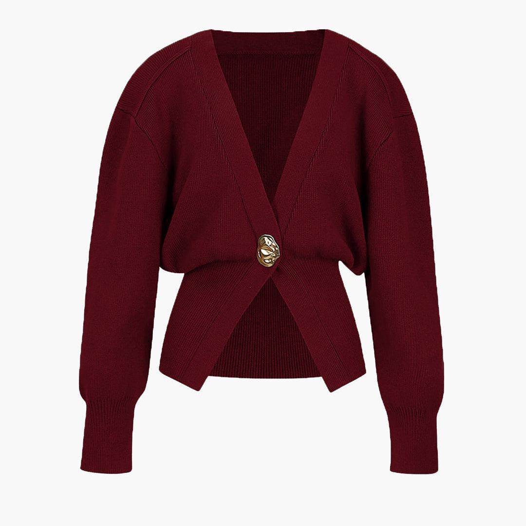Elegant Burgundy Sweater Cardigan by Isadora London – rich knit, chic gold button and stylish fit.