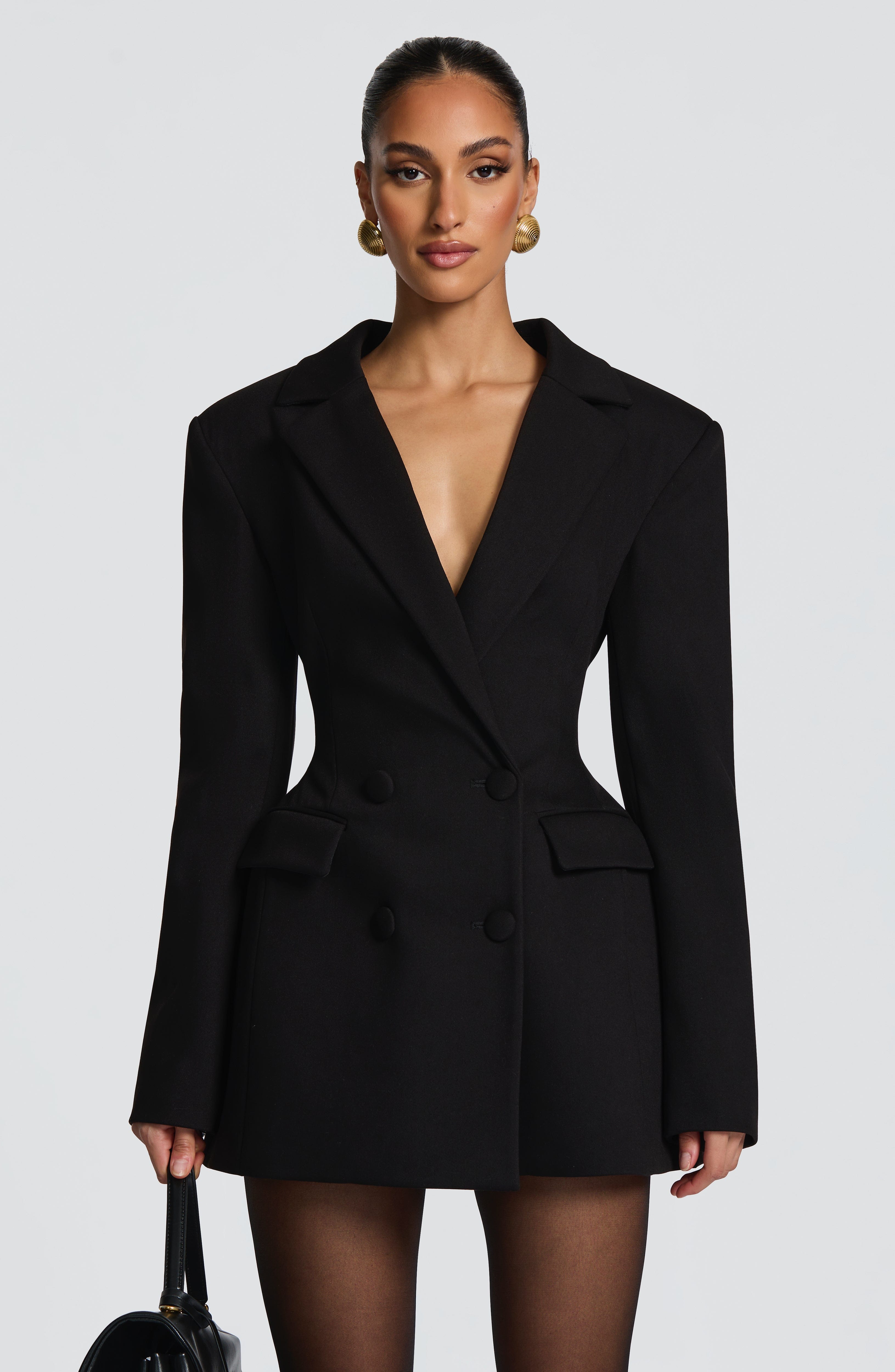 Black blazer mini dress with structured shoulders – Isadora London