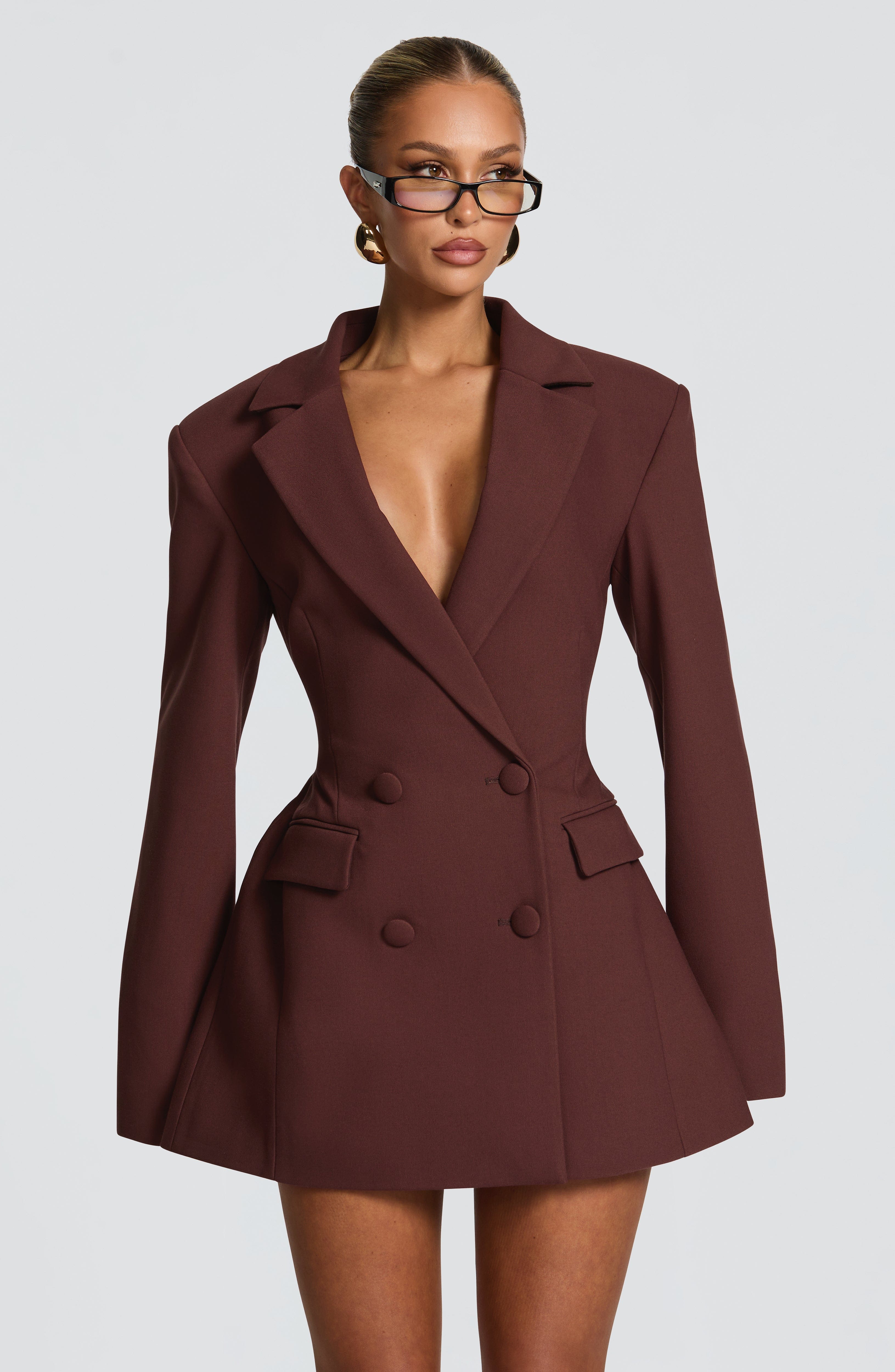 Elegant brown blazer mini dress front view – Isadora London