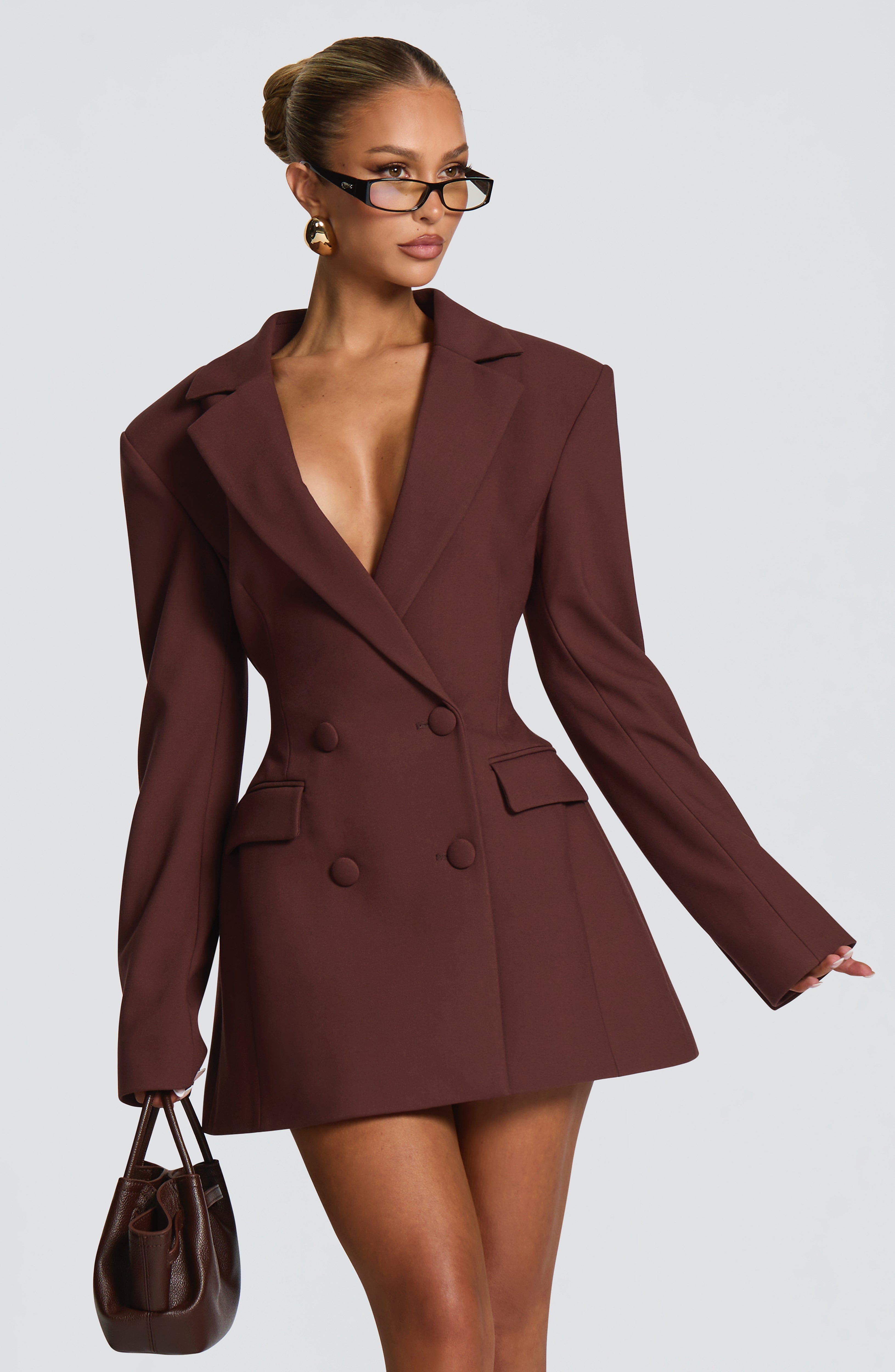 Brown Elvira blazer mini dress in motion – Isadora London