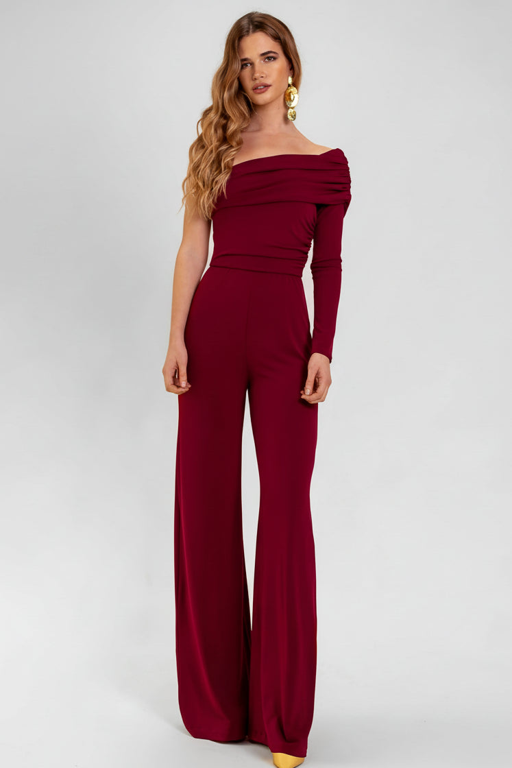 Woman in elegant off-shoulder burgundy jumpsuit – stylish, flattering and perfect for evening events – Isadora London