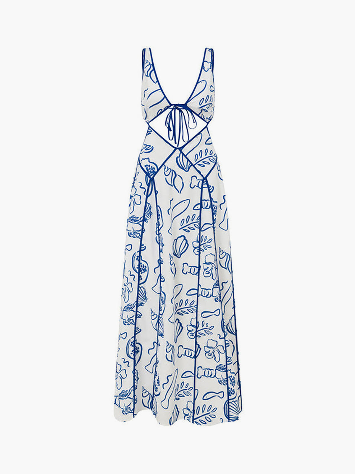 Close-up of Ophelia Maxi Dress fabric – white base with blue marine-inspired print and contrast binding from Isadora London.