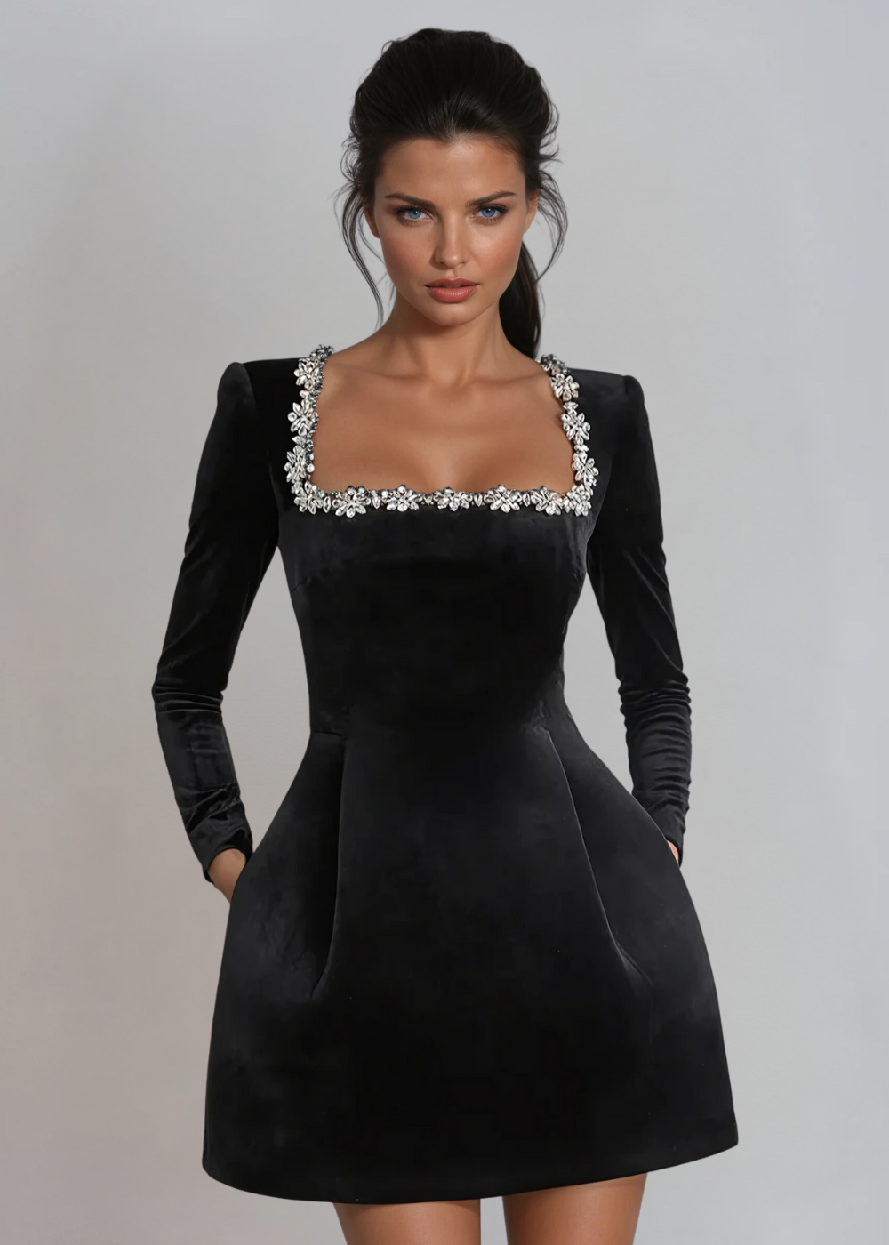 Black velvet long sleeve mini dress – embellished square neckline; Isadora London.