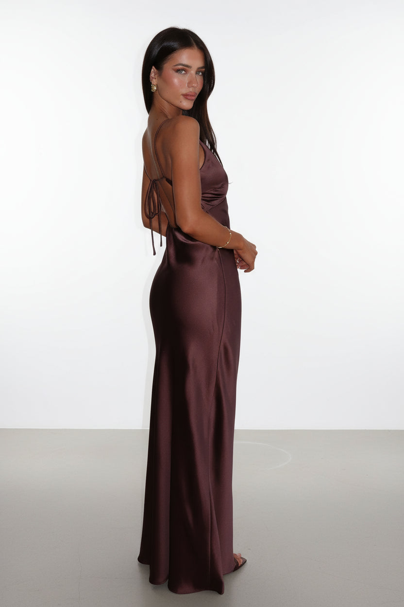 Detail shot of the Mocha Luxe Satin Maxi Dress – smooth satin texture and flattering fit that enhances every feminine curve.