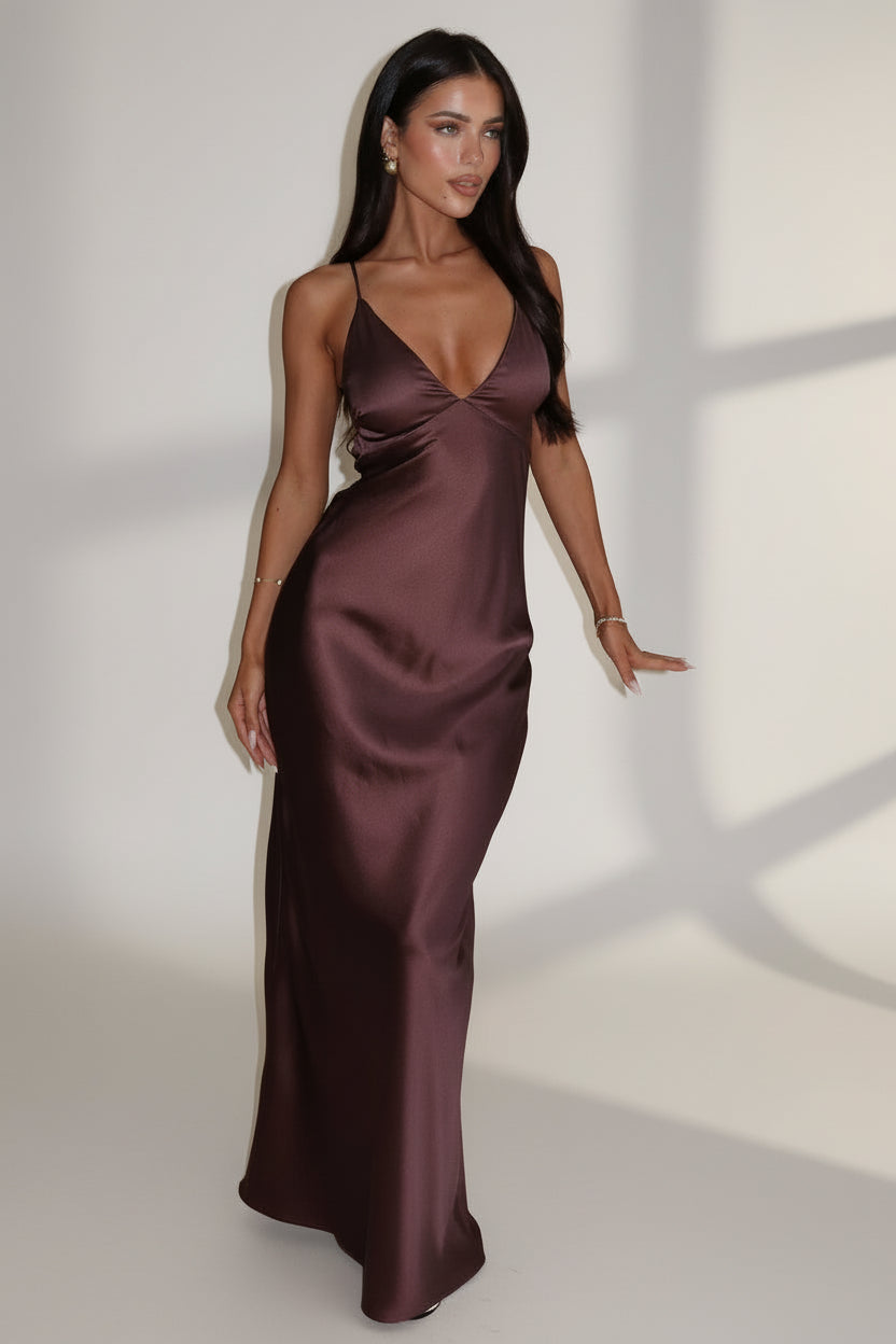 Front view of the Mocha Luxe Satin Maxi Dress – elegant satin gown for weddings, dinners and special occasions by Isadora London.