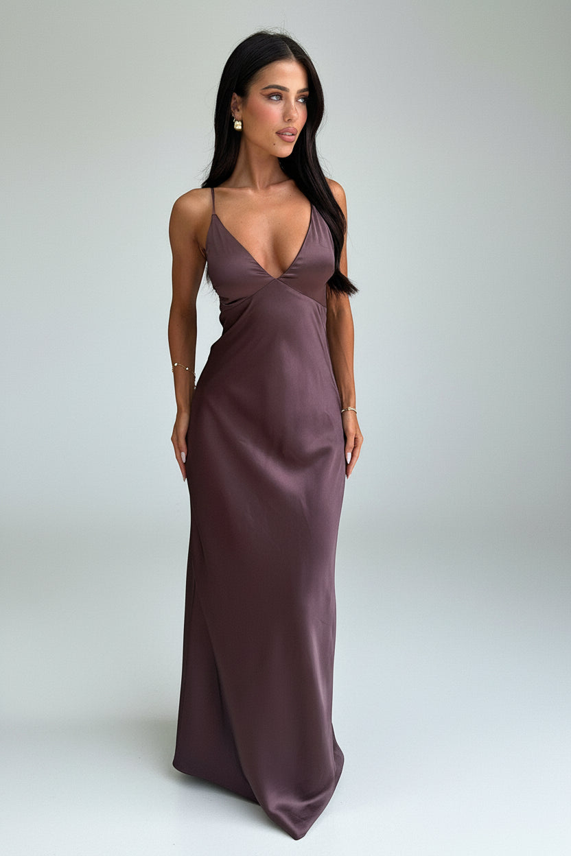 Full-body look of the Mocha Luxe Satin Maxi Dress – timeless satin maxi dress with flowing silhouette by Isadora London.