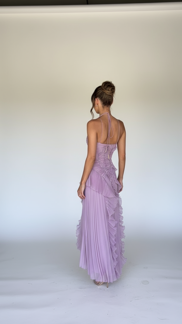 Isadora London Delightful Ruffled Wedding Guest Dress – back view, lilac special occasion maxi dress