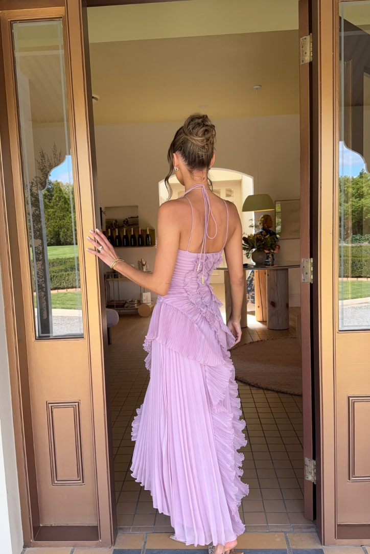 Isadora London Delightful Ruffled Wedding Guest Dress – back view, lilac special occasion maxi dress