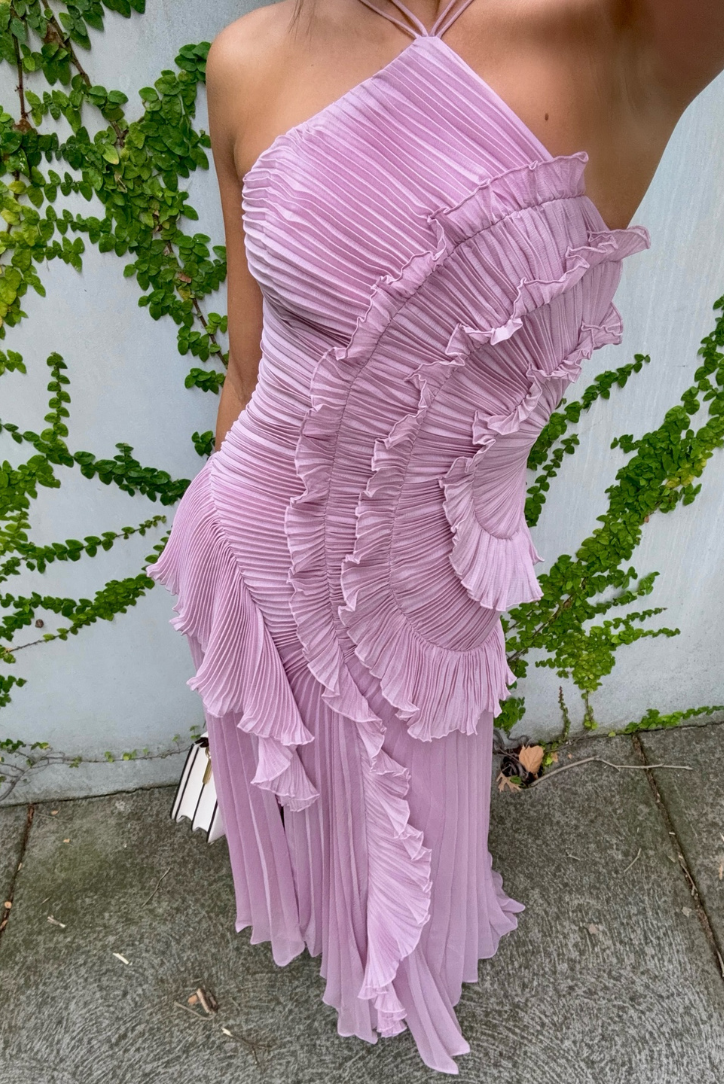 Isadora London Delightful Ruffled Wedding Guest Dress – close-up of ruffle texture in lilac fabric