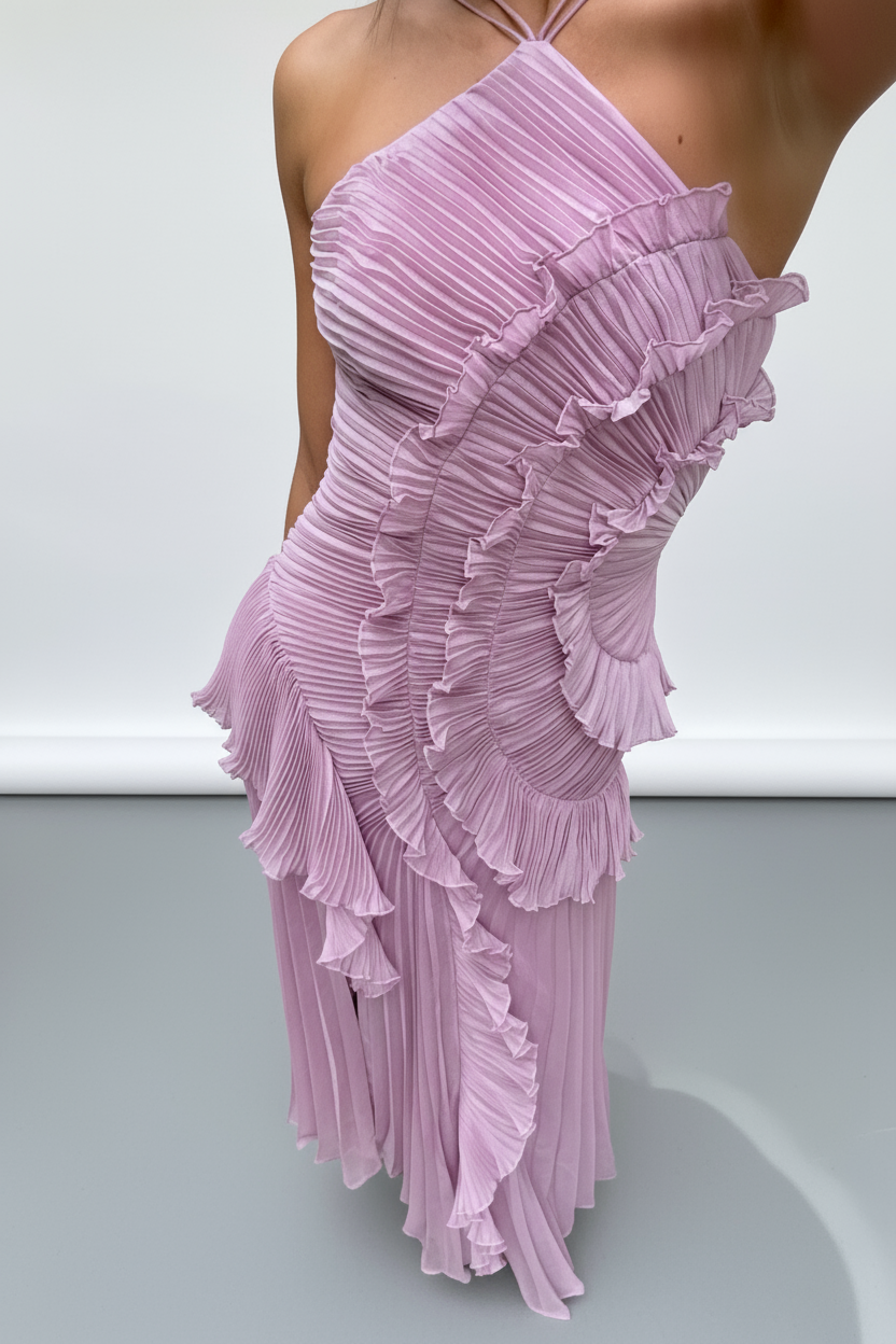 Isadora London Delightful Ruffled Wedding Guest Dress – close-up of ruffle texture in lilac fabric