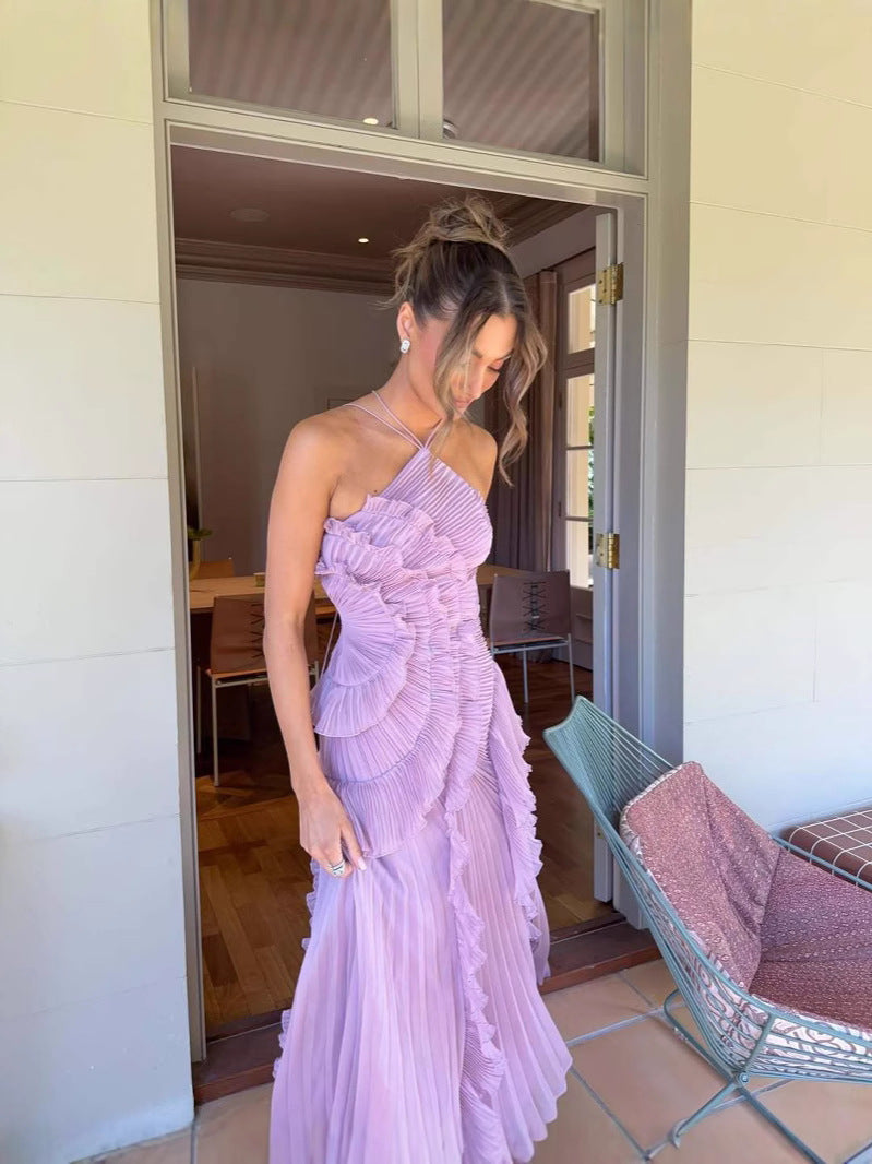 Isadora London Delightful Ruffled Wedding Guest Dress – full length lilac gown with cascading ruffles