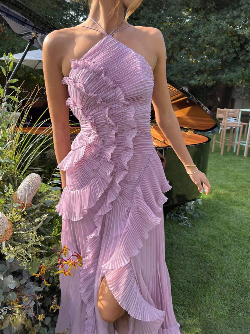 Isadora London Delightful Ruffled Wedding Guest Dress – garden shot with thigh-high slit and ruffles