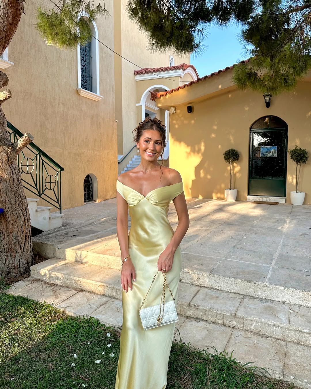 Elegant yellow off-shoulder wedding guest dress – Isadora London