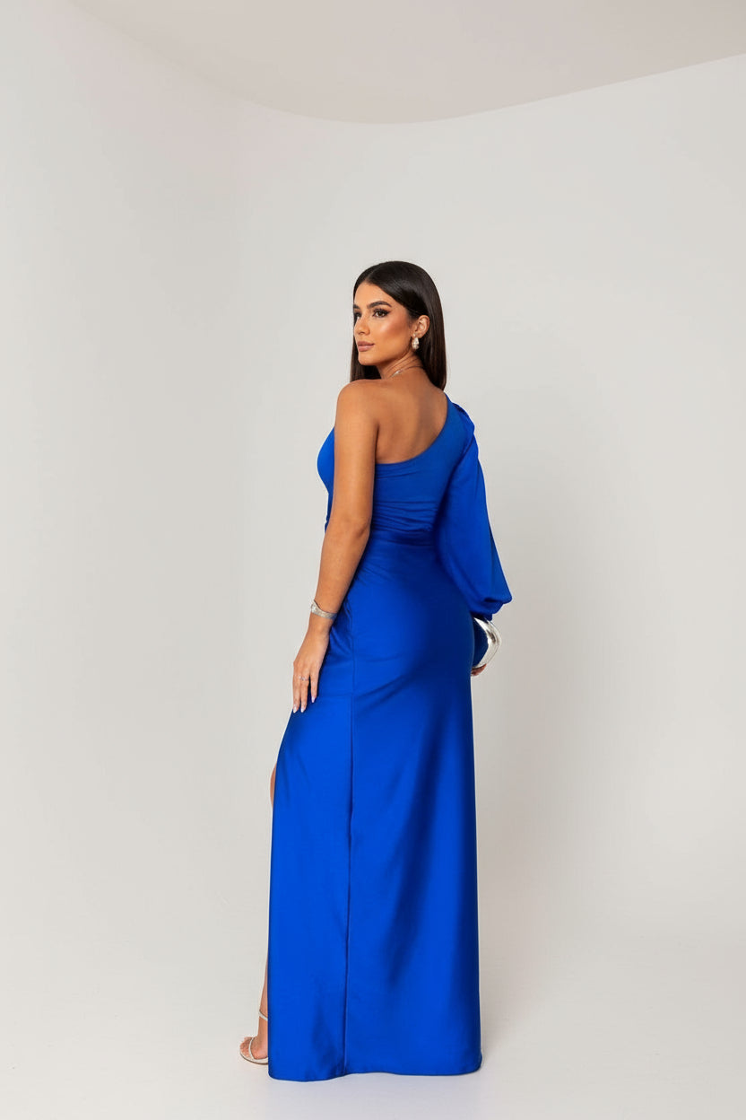 Blue Elegant One Shoulder Wedding Guest Dress – side view showing slit detail