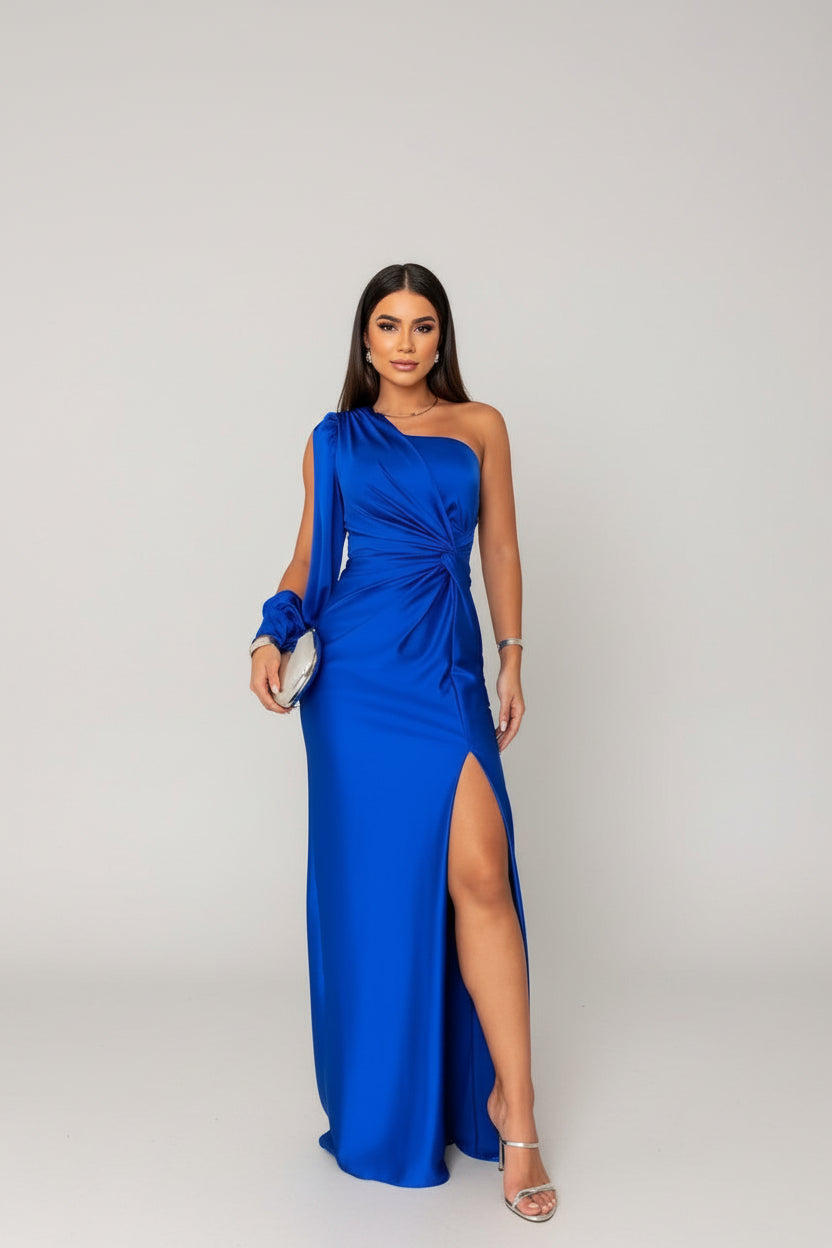 Blue Elegant One Shoulder Wedding Guest Dress – front view with slit