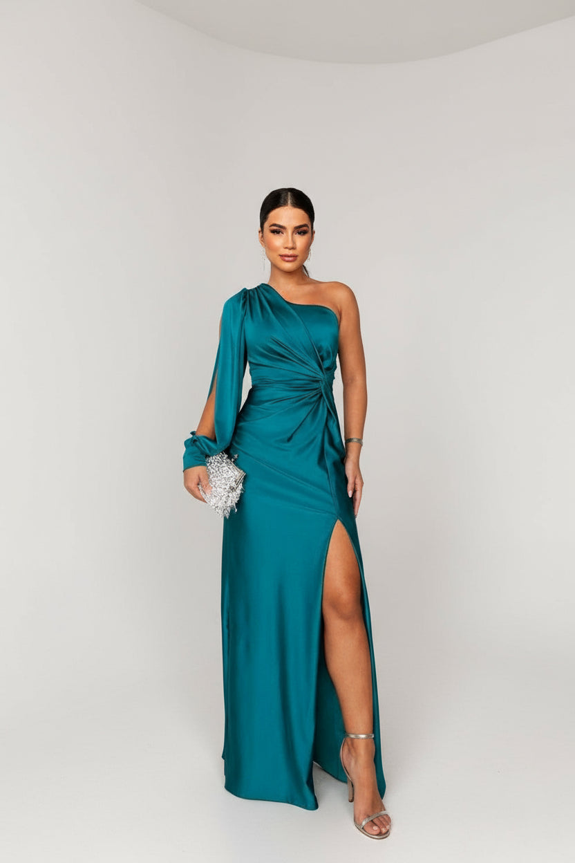Blue-Green Elegant One Shoulder Wedding Guest Dress – angled side view full length