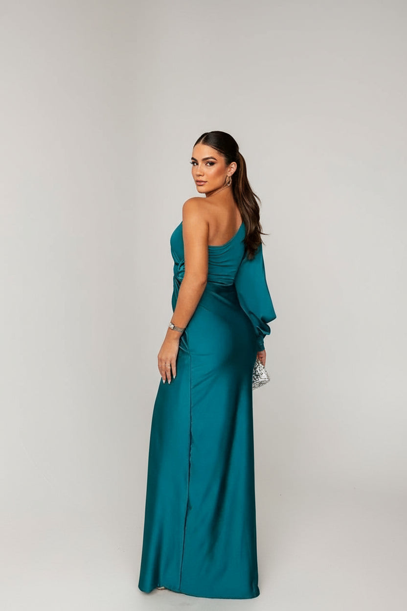 Blue-Green Elegant One Shoulder Wedding Guest Dress – angled side view full length