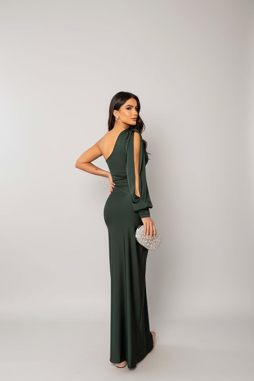 Dark Green Elegant One Shoulder Wedding Guest Dress – back view full length